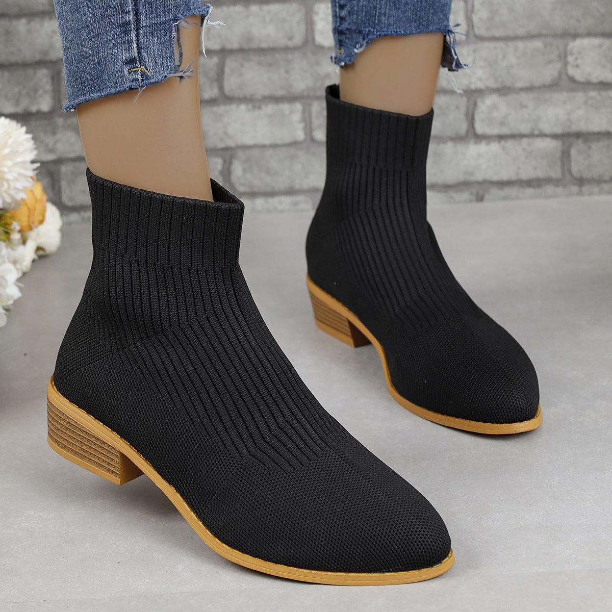 Chunky Heel Pointed Toe Ankle Boots Fashion Breathable Mid-tube Knitted Socks Shoes For Women Short Boot