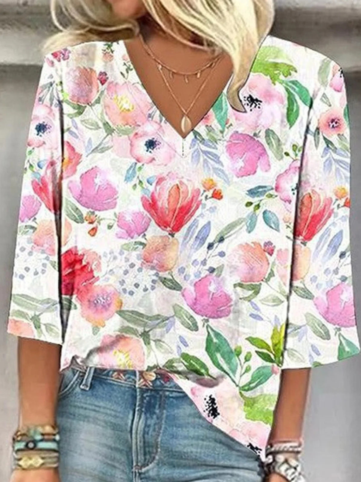 Women's European And American All-matching Printed Casual V-neck Shirt