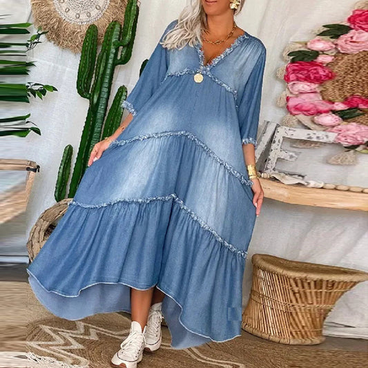 Elegant Pleated Loose Denim Long Skirt