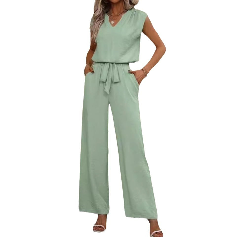 Solid Color Sleeveless V-neck Loose Top Lace-up Wide-leg Pants Casual Suit