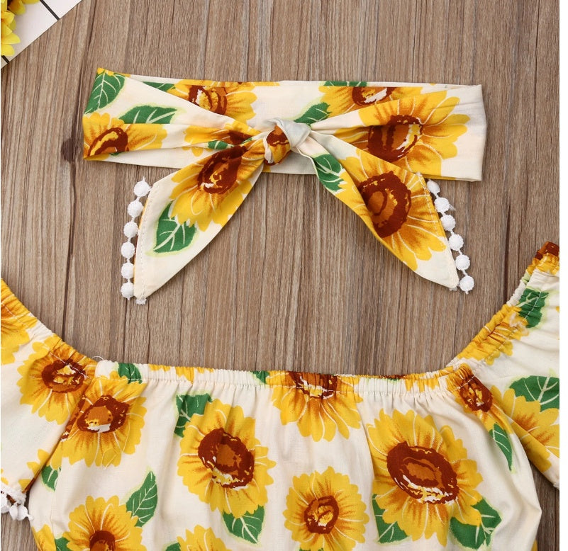 Girl Sunflower Print One-Shoulder Top Triangle Shorts Suit