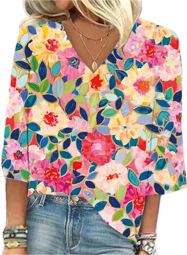 Women's European And American All-matching Printed Casual V-neck Shirt