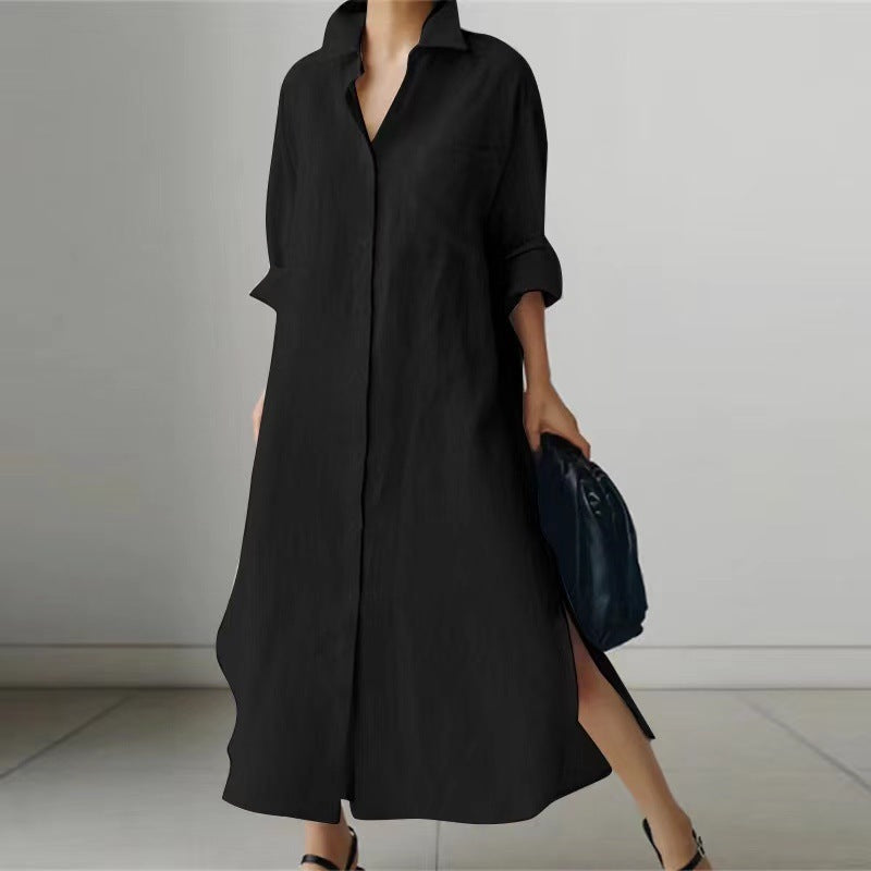 Women's Solid Color Long-sleeved Cardigan Irregular Slit Long Dress