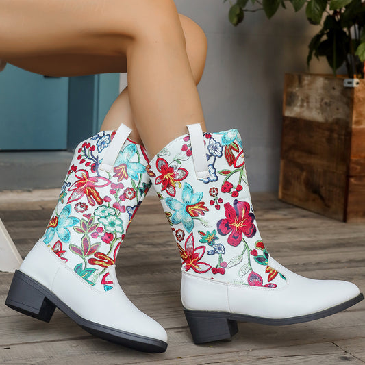 Round Head Embroidery Flower Middle Boots Patchwork Retro