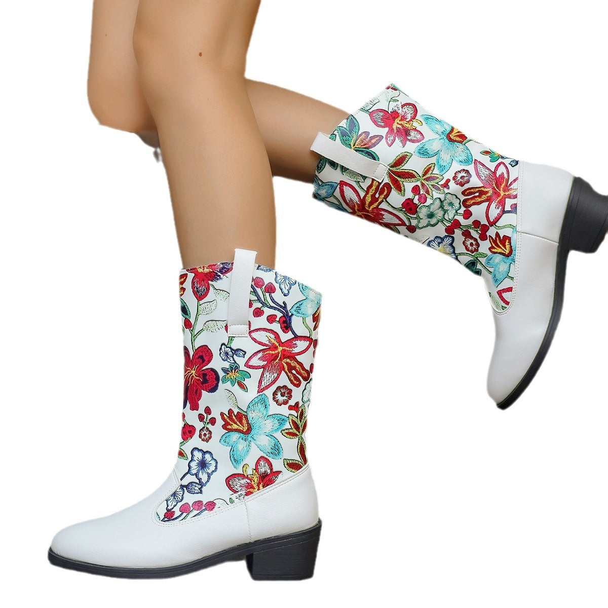 Round Head Embroidery Flower Middle Boots Patchwork Retro