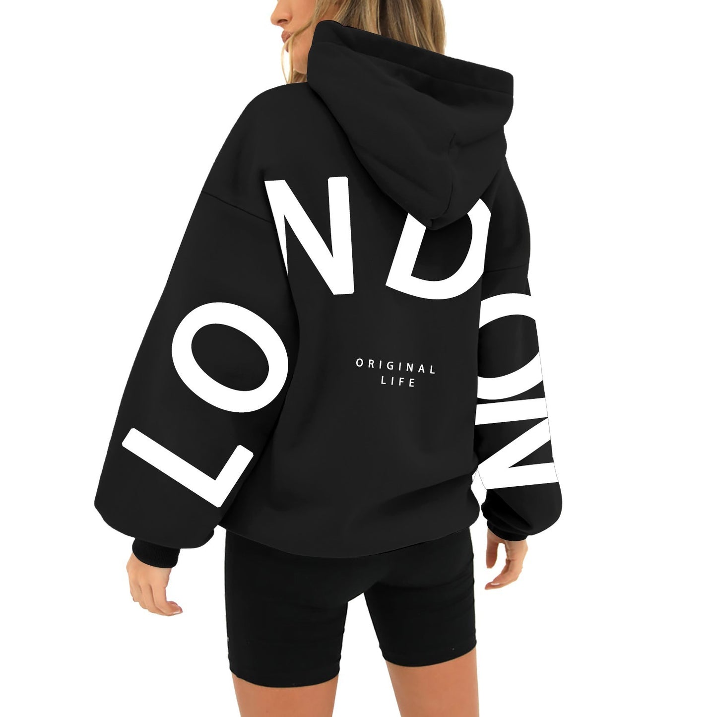 Printed Long Sleeve Loose Pockets Hooded Sweater