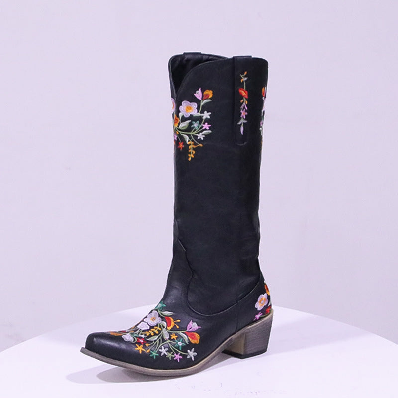 Women's Colorful Embroidered Pointed Mid-thick Heel Fashionable Western Boots