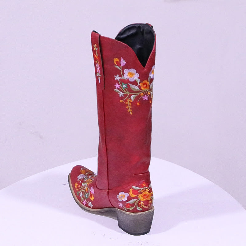 Women's Colorful Embroidered Pointed Mid-thick Heel Fashionable Western Boots