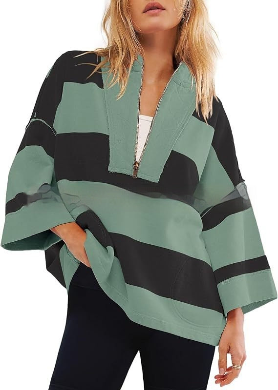 Women's Oversized Striped Shirt Half Zip Sweatshirt Color Matching