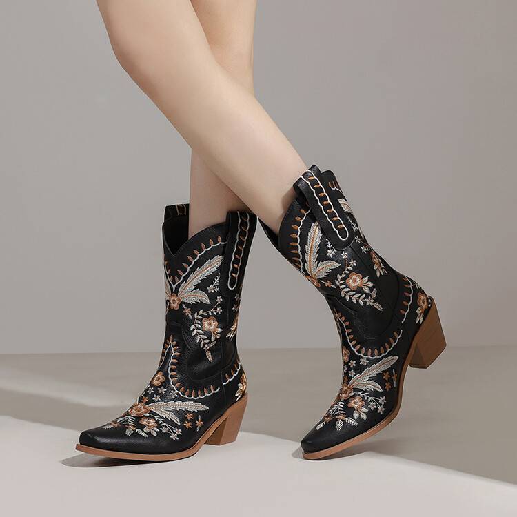 Chunky Heel Embroidery Knee-high Cowboy Boots