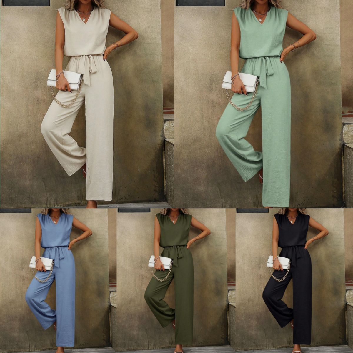 Solid Color Sleeveless V-neck Loose Top Lace-up Wide-leg Pants Casual Suit