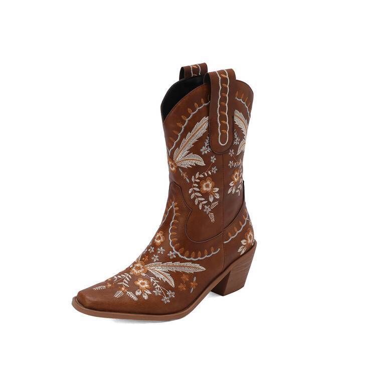 Chunky Heel Embroidery Knee-high Cowboy Boots