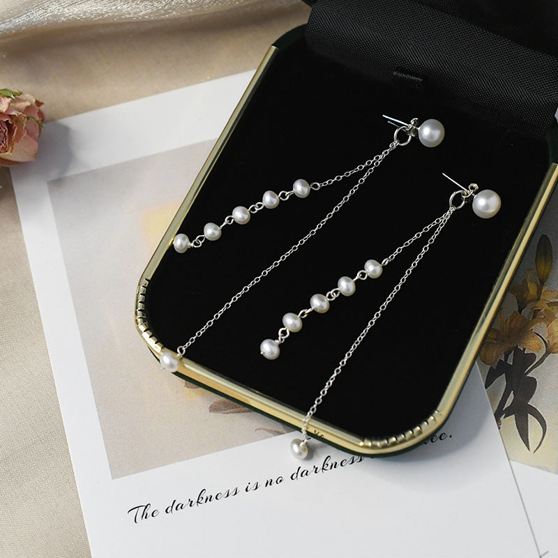 Freshwater Pearl Tassel Long Earrings Real 925 Sterling Silver Jewelry