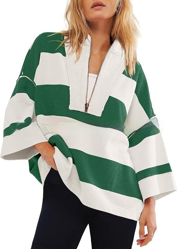 Women's Oversized Striped Shirt Half Zip Sweatshirt Color Matching