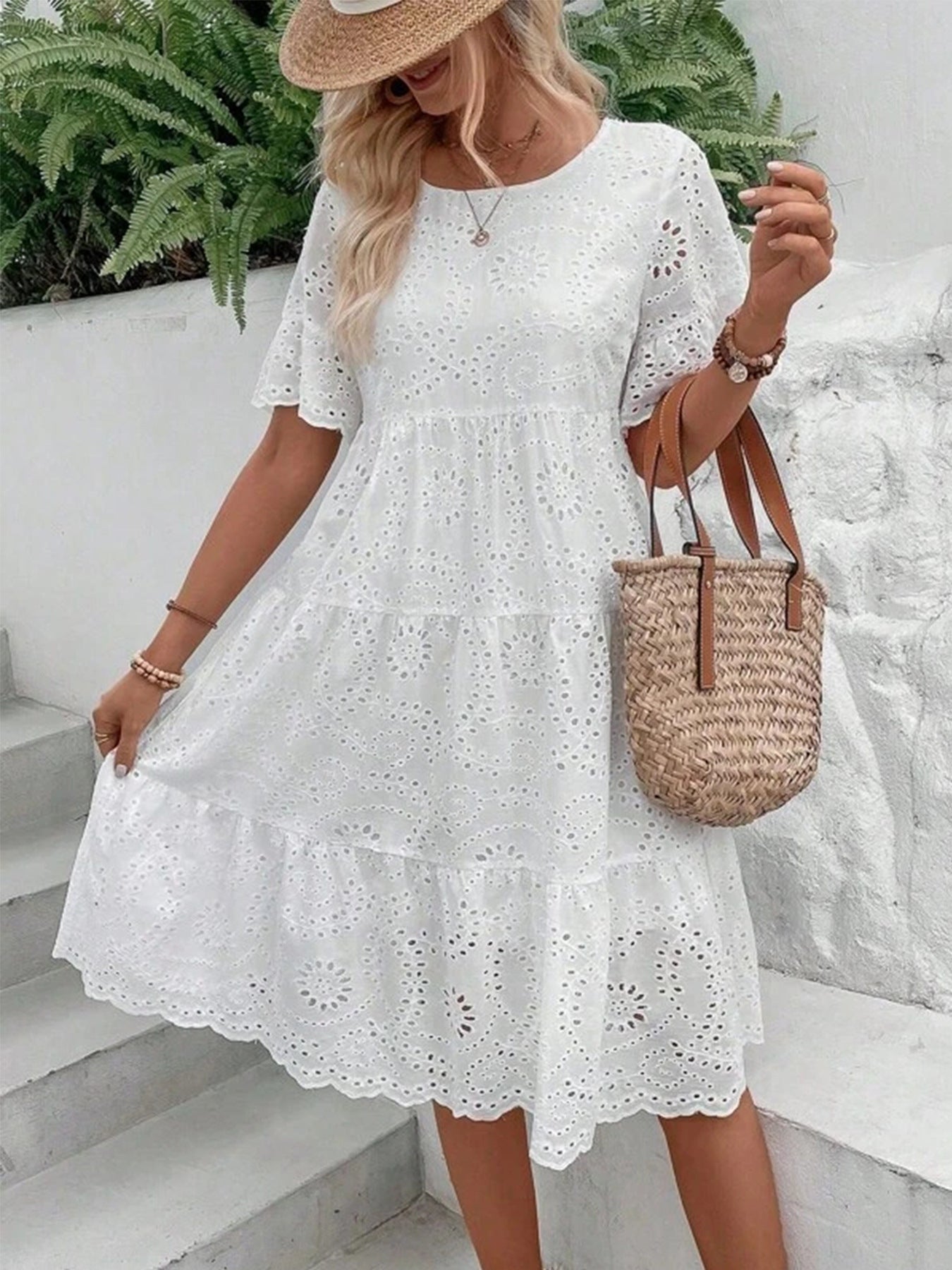 Casual Women's Embroidered Hollow Short Sleeve Round Neck Ruffle Sleeve Waist Dress