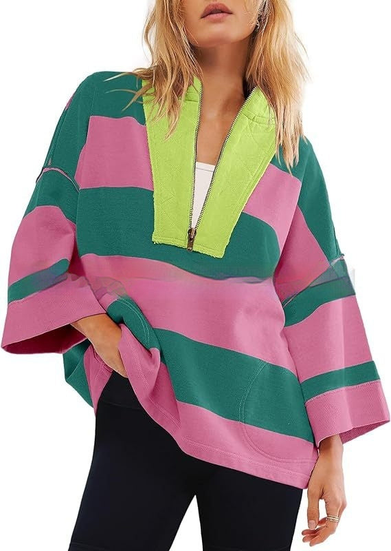 Women's Oversized Striped Shirt Half Zip Sweatshirt Color Matching