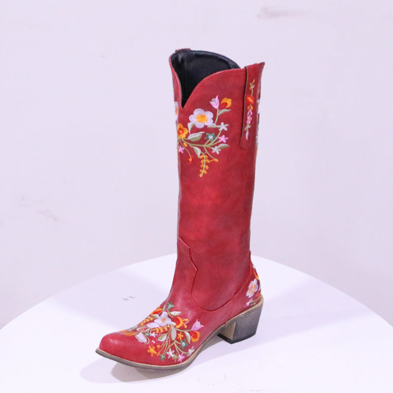 Women's Colorful Embroidered Pointed Mid-thick Heel Fashionable Western Boots