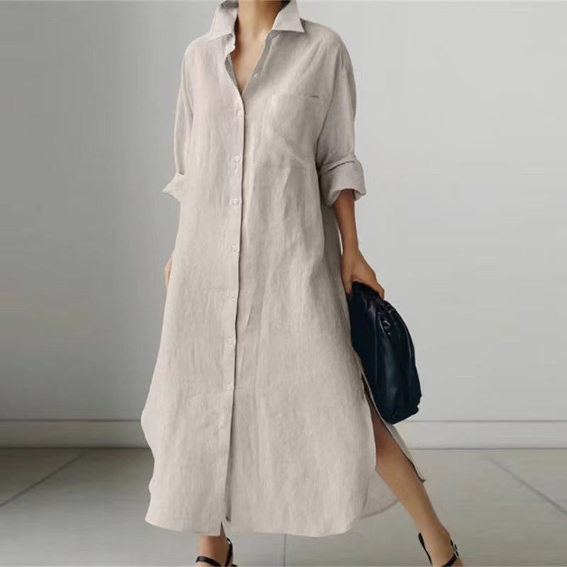 Women's Solid Color Long-sleeved Cardigan Irregular Slit Long Dress