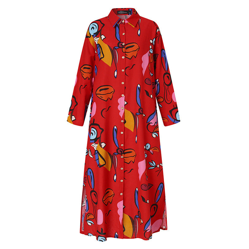 Retro Loose Long Sleeve Lapel Dress Printed Cardigan