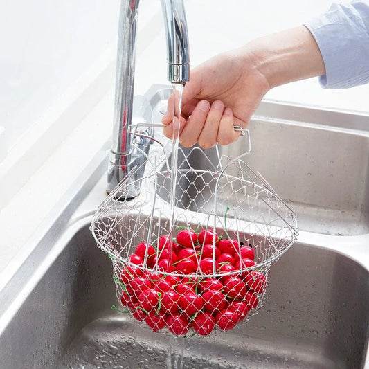 Foldable Steam Rinse Fry Strainer Basket