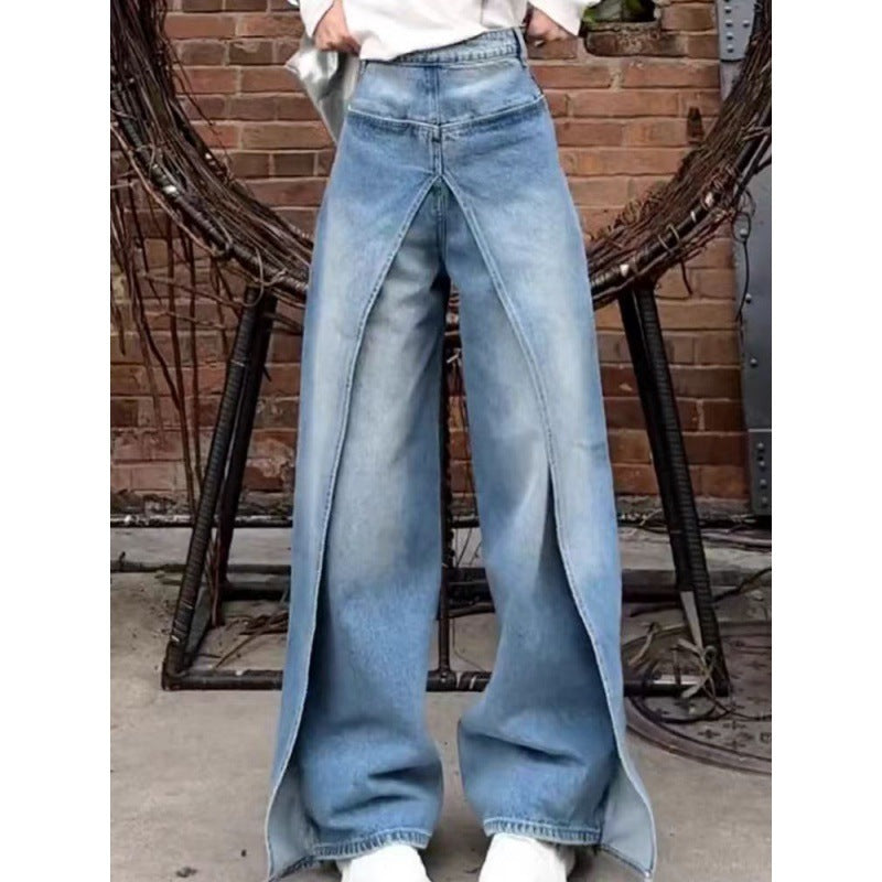 Women's High Waist Reverse Personalized Wide-leg Mop Straight Jeans