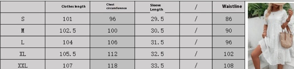 Casual Women's Embroidered Hollow Short Sleeve Round Neck Ruffle Sleeve Waist Dress