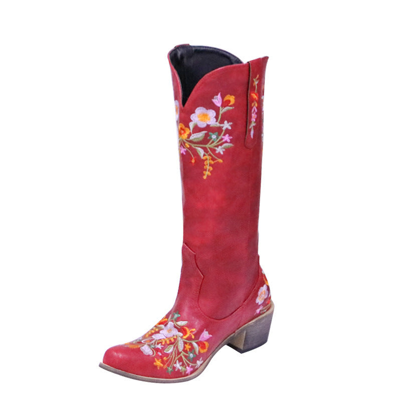 Women's Colorful Embroidered Pointed Mid-thick Heel Fashionable Western Boots