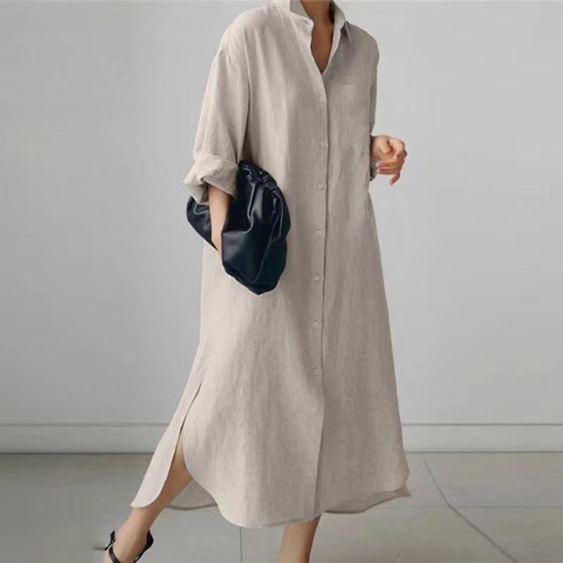 Women's Solid Color Long-sleeved Cardigan Irregular Slit Long Dress