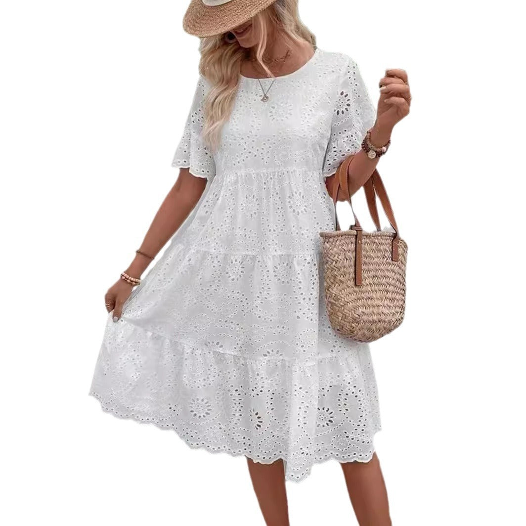 Casual Women's Embroidered Hollow Short Sleeve Round Neck Ruffle Sleeve Waist Dress