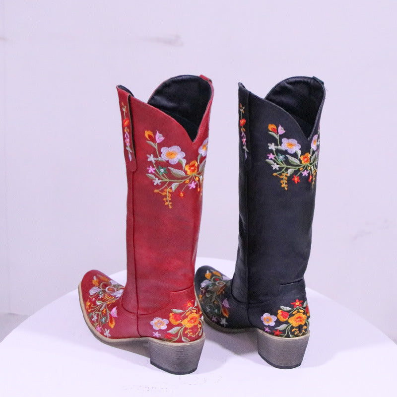 Women's Colorful Embroidered Pointed Mid-thick Heel Fashionable Western Boots