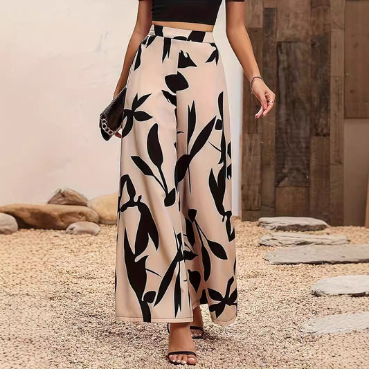 Leaf Print High Waisted Hanging Wide Leg Casual Pants