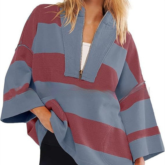 Women's Oversized Striped Shirt Half Zip Sweatshirt Color Matching