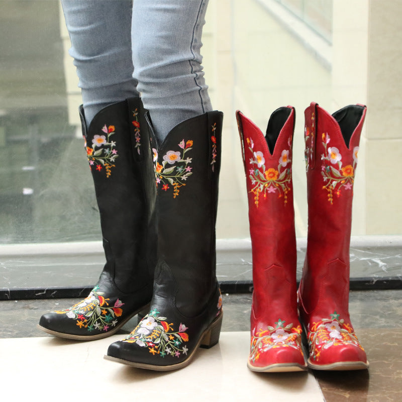 Women's Colorful Embroidered Pointed Mid-thick Heel Fashionable Western Boots