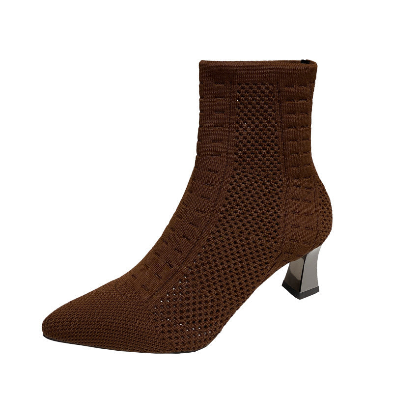 Knitted Sock Boots Women's Plus Size Short Pointed Chunky Heel